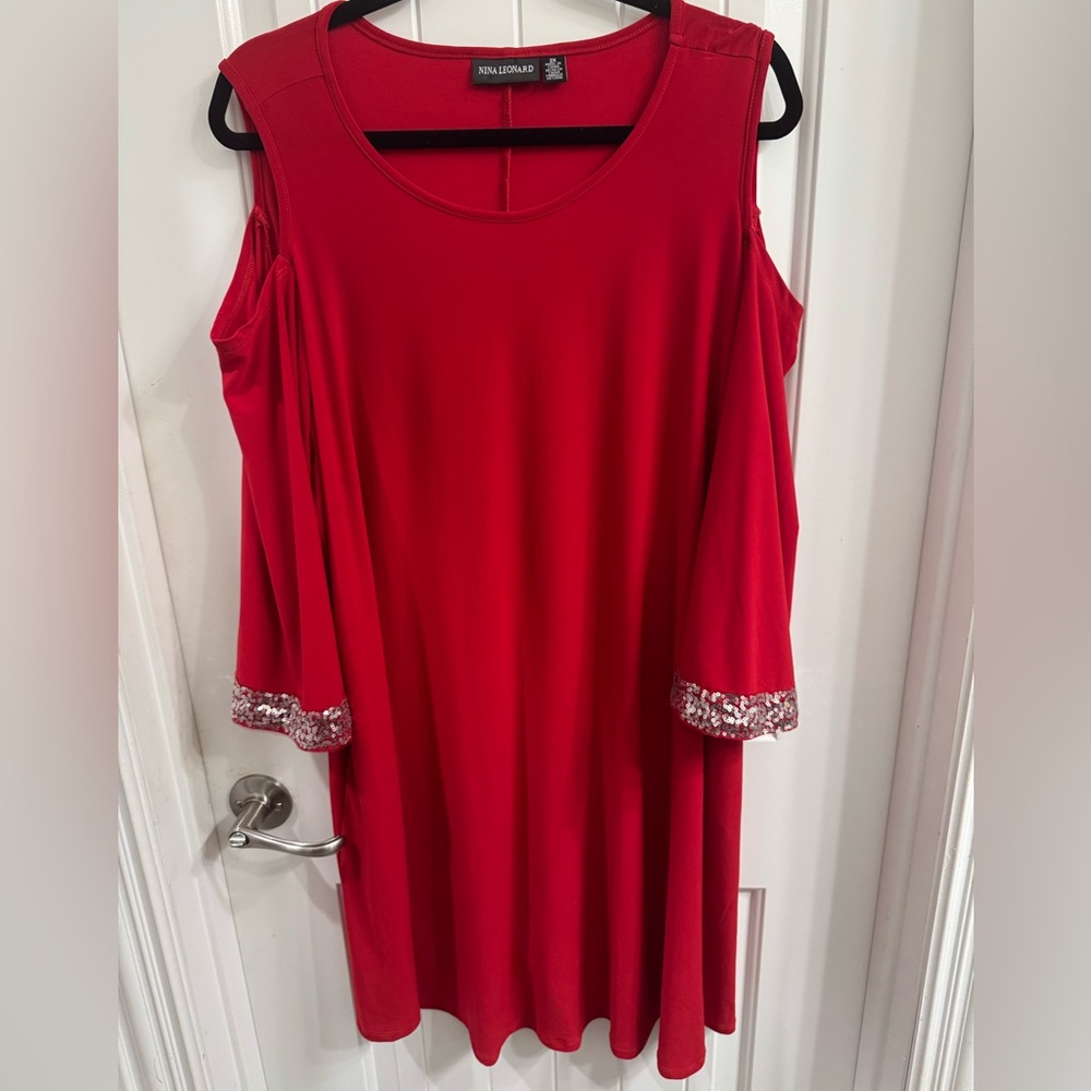 Nina Leonard Plus Size 2X Red Open Shoulder Sequin Dress